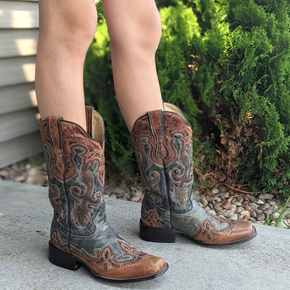 Corral Shoes - CORRAL G1213 distressed Charcoal & Cognac leather square toe cowgirl boots sz8.5